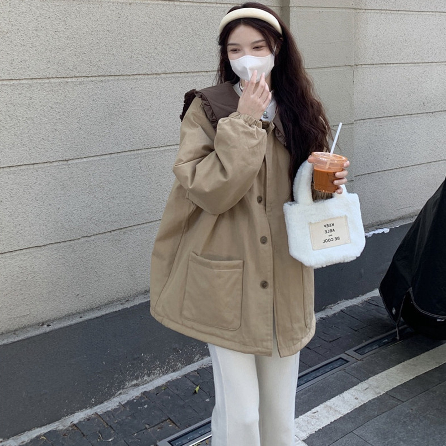 大码女装2025冬季新款胖mm韩版木耳边娃娃领拼接宽松棉衣棉服外套,女装/女士精品,常规大码外套,淘宝优惠券,粉丝福利购,淘宝优惠卷