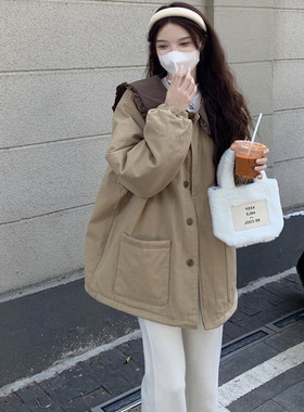 冬韩版木耳边娃娃领拼接棉衣外套