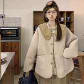 女装 2025冬季 新款 大码 胖mm韩版 宽松遮肉娃娃领甜美减龄羊羔毛外套