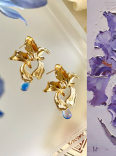 设计感鸢尾花 小众油画风高级感耳环女气质百搭复古花朵耳饰耳钉