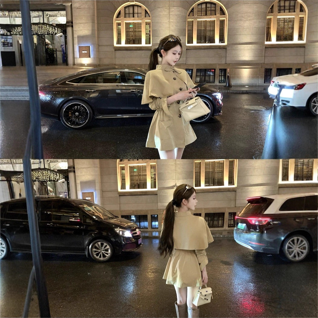 【美女侦探】富贵千金英伦拼接蝴蝶领结假两件收腰斗篷外套风衣女