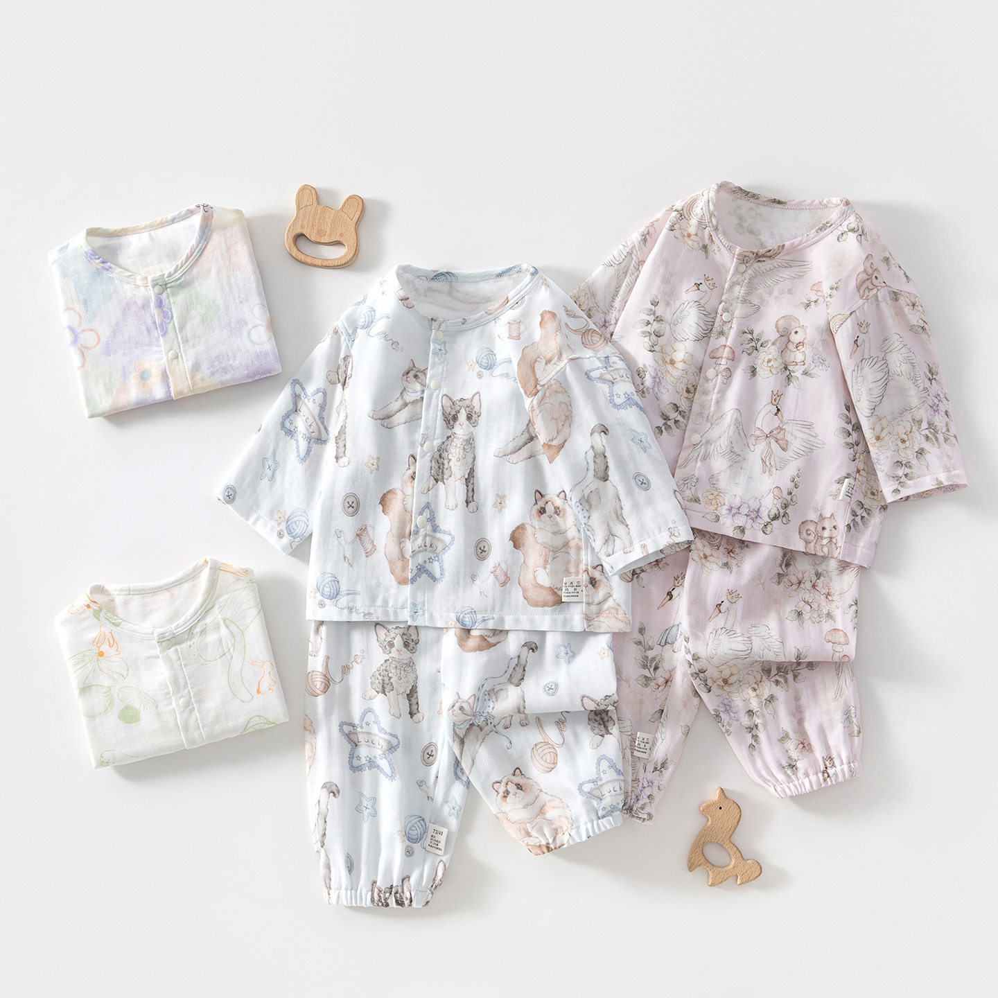 婴儿纱布套装宝宝家居服长袖竹纤维上衣裤子儿童夏季空调服男女童