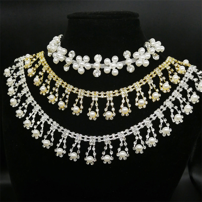 珍珠水钻花链流苏手缝水钻链 diy饰品配件吊衣领手工服饰鞋帽配件