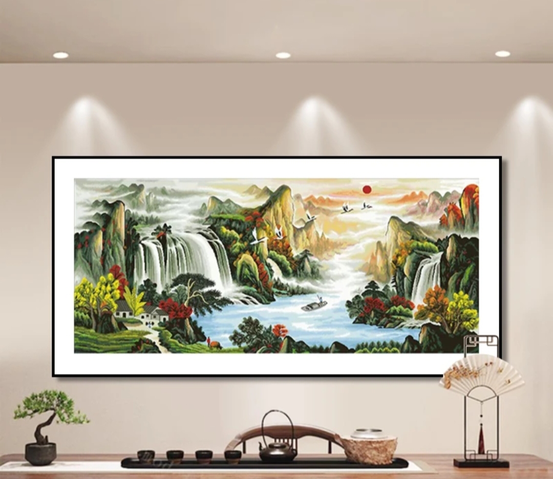 【金丝布】流水生财十字绣大格200x90厘米满绣