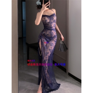 朦胧感性感挂脖睡裙长款 蕾丝链条高级感睡衣制服高开叉纯欲镂空