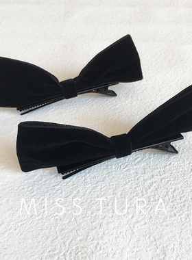 Miss Tura韩国进口 黑色丝绒立体蝴蝶结侧边发夹 半片式对夹