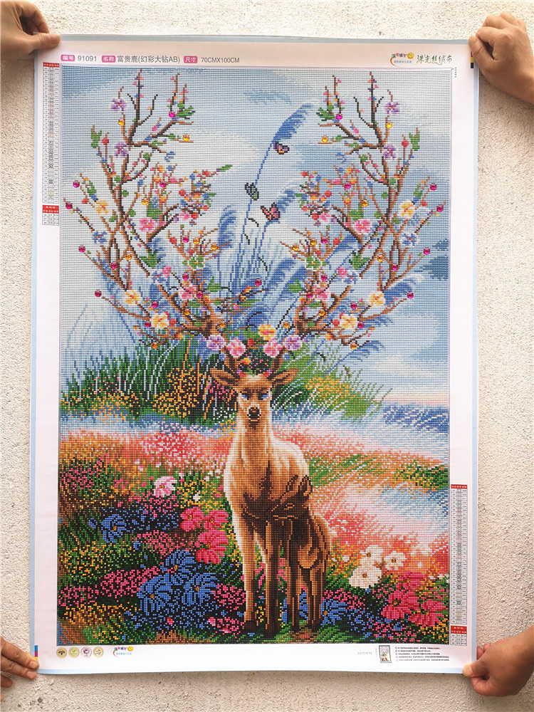 风铃草91091富贵发财鹿竖版玄关满钻纯手工成品钻石画贴好的装饰