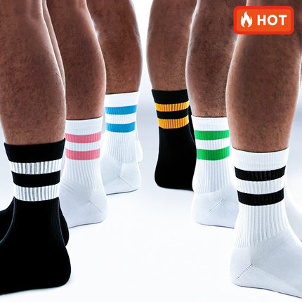 sockkon  男士二两条杠条纹黑白条色运动袜中高筒健身毛巾底棉袜