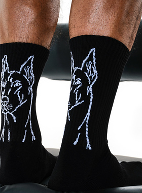 sockkon 男士黑色猎犬狗头图案运动健身篮足球毛巾底高筒厚棉袜子