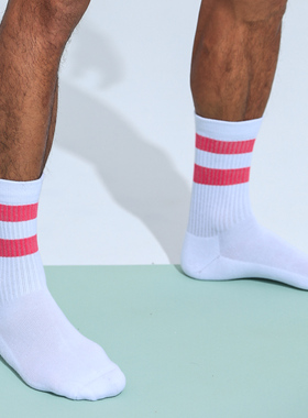 sockkon 男士原创高筒粉红色粉色两条杠运动毛巾底运动棉袜子运动