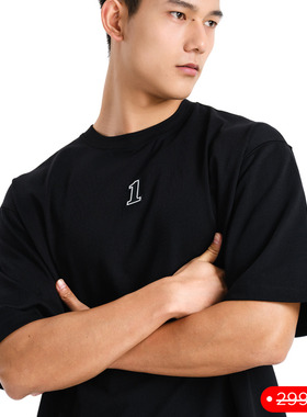 SOCKKON 男士短袖黑色小圆领T恤tee数字1硅胶oversize四季高织棉