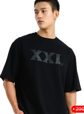 SOCKKON 男士短袖黑色小圆领T恤XXL字母胶印oversize四季棉tee