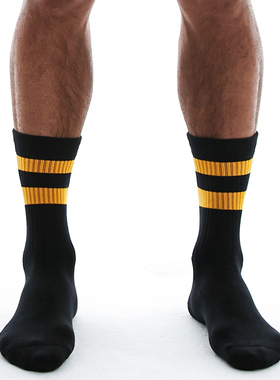 sockkon 男士毛巾底黑色黄两条杠条纹橙黄色运动袜高筒健身袜子