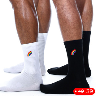 棉袜子Rainbow彩虹黑白刺绣运动精梳棉袜 高长筒薄款 sockkon 男士