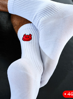 sockkon 男士高筒四季薄款刺绣黑白小恶魔手工缝头透气运动棉袜子