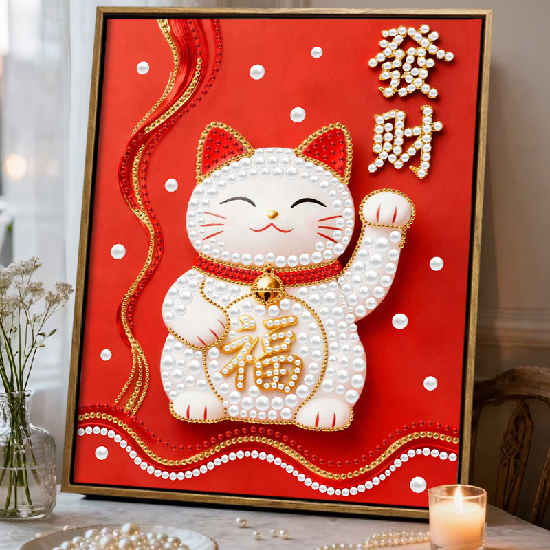发财招财猫DIY手工珍珠画 钻石粘贴画客厅装饰挂画高级感材料礼物