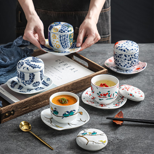 日式茶碗蒸带盖陶瓷餐具位上器皿带底托甜品小碗蛋蒸碗隔水燕窝碗