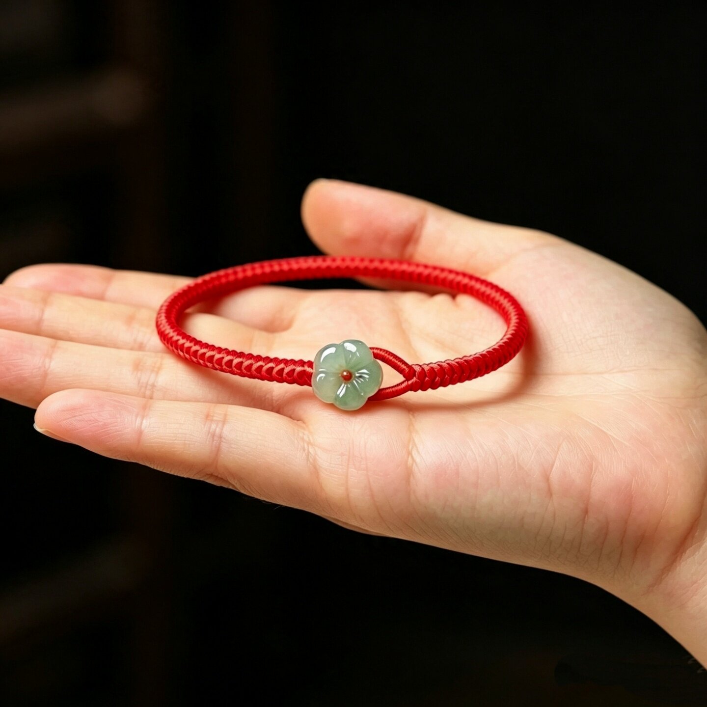 红色编织金刚结手链女翡翠花朵吊坠手工编织手绳简约百搭手绳饰品