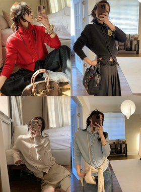 【现货4折】咖喱汤汤TGL【主推！】两穿高领针织毛衣外套女打底衫