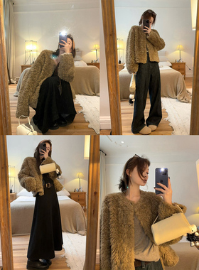 【现货4折】咖喱汤汤TGL【皮毛一体】环保仿皮草短款毛毛外套女