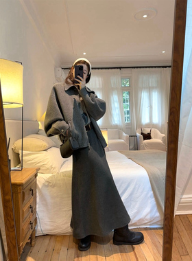 【现货4折】咖喱汤汤TGL【双面呢】灰色100绵羊毛呢大衣保暖外套