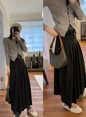 【现货4折】咖喱汤汤TGL【爆款半裙】高腰加厚波点百褶呢子半裙女