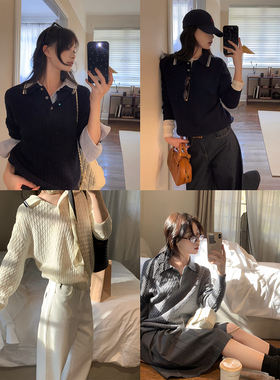 【现货4折】咖喱汤汤TGL【优等生】Polo领撞色绞花毛衣女复古上衣