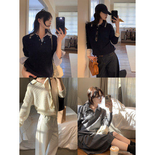 【现货2折】咖喱汤汤TGL【优等生】Polo领撞色绞花毛衣女复古上衣