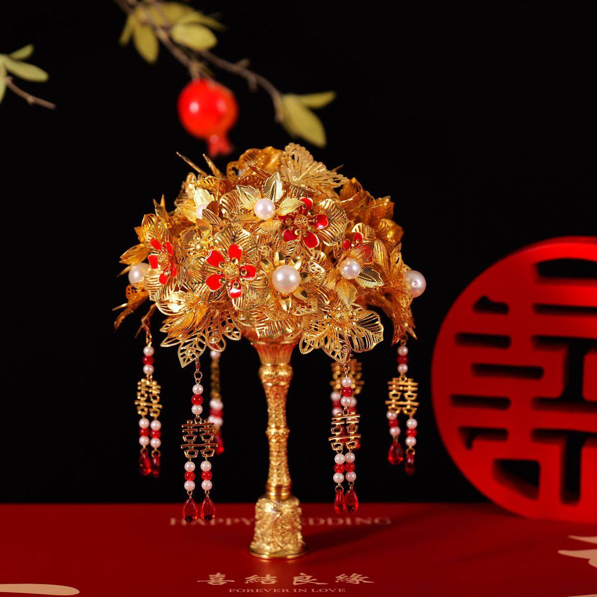 中式婚礼秀禾服金色手捧花diy材料包红珐琅花高级感新娘结婚礼物图片