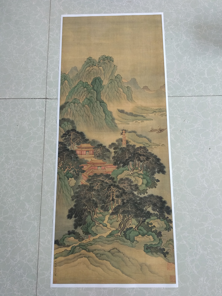 明四家仇英青山绿水真迹复制画山水条幅原大高清仿古装饰画