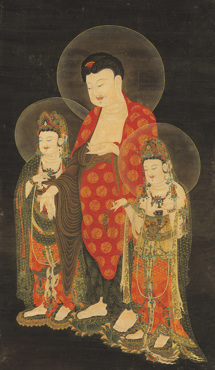 夏荆山-004-国画人物画西方三圣工笔画画稿艺术微喷仿古装饰画