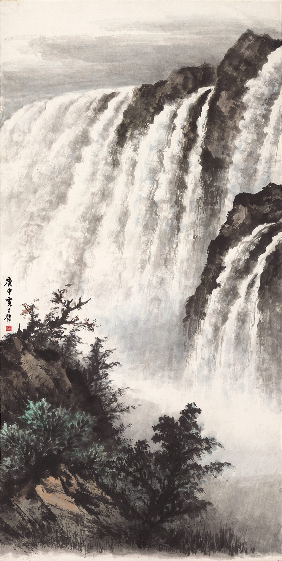 黄君壁国画大瀑布四尺条幅山水画真迹复制画微喷版画