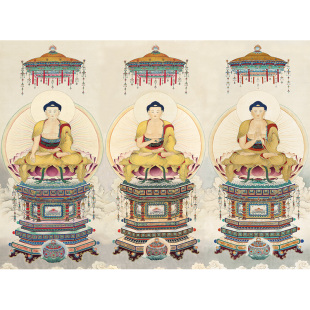 国画人物三身佛像横幅艺术微喷打印复制画绢布画工笔画装饰画