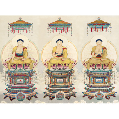 国画人物三身佛复制画绢布画高清