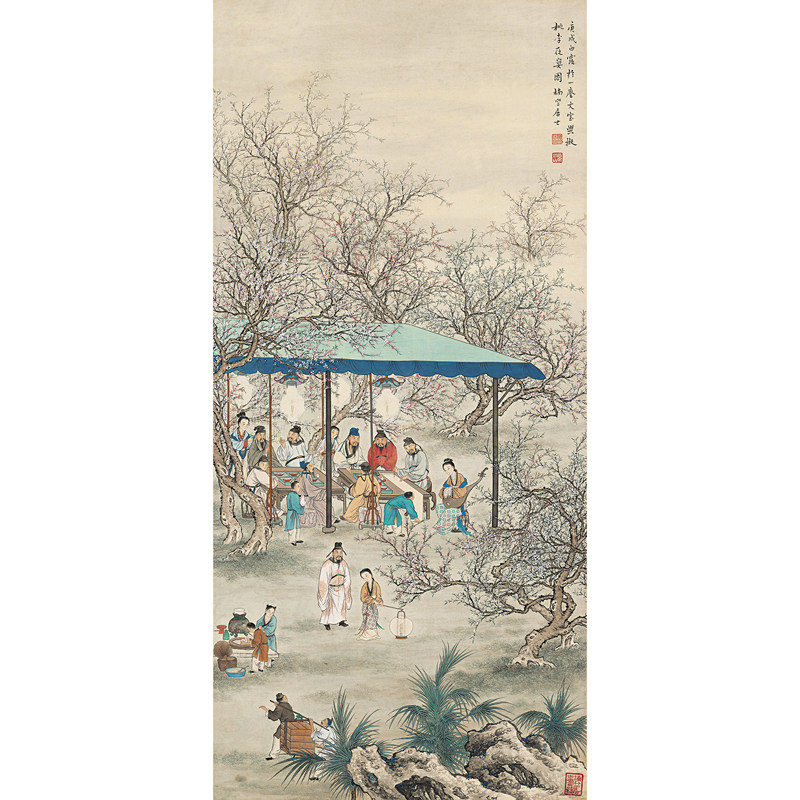 夏荆山-044桃李夜宴图艺术微喷复制画工笔人物画竖幅装饰画