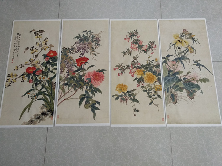 花卉四条屏国画花鸟水墨画仿古画艺术微喷复制画中式客厅装饰画