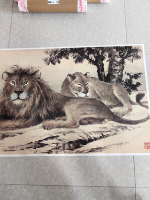 黄君壁双狮图国画走兽六尺横幅宣纸画微喷复制画高清装饰画