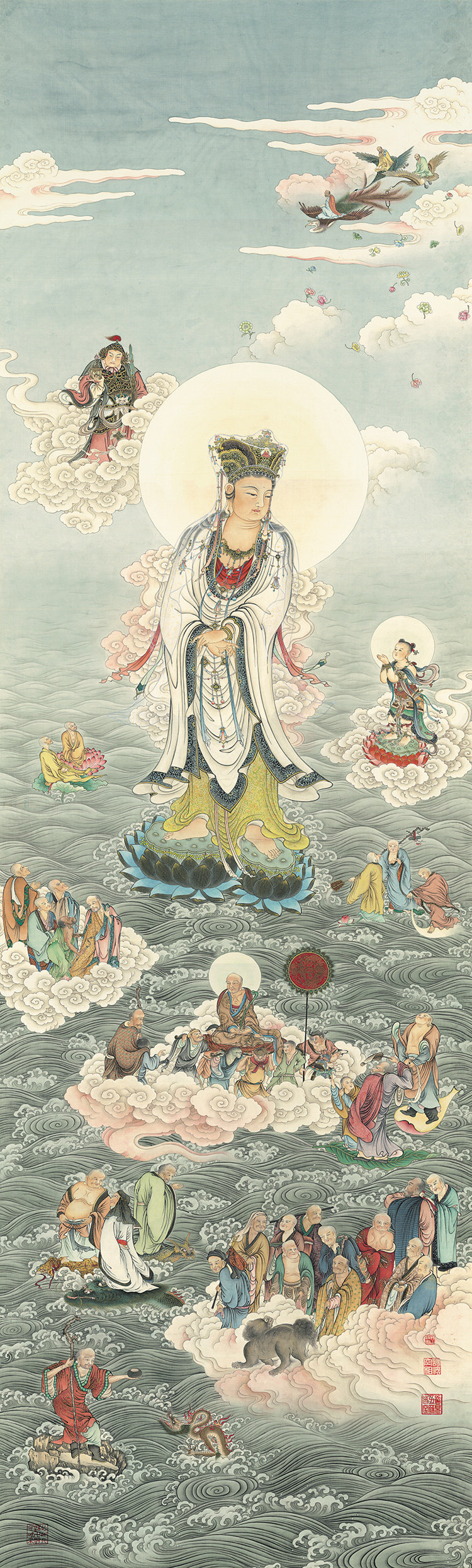 夏荆山-012国画人物画观音菩萨像艺术微喷复制画绢画工笔画装饰画