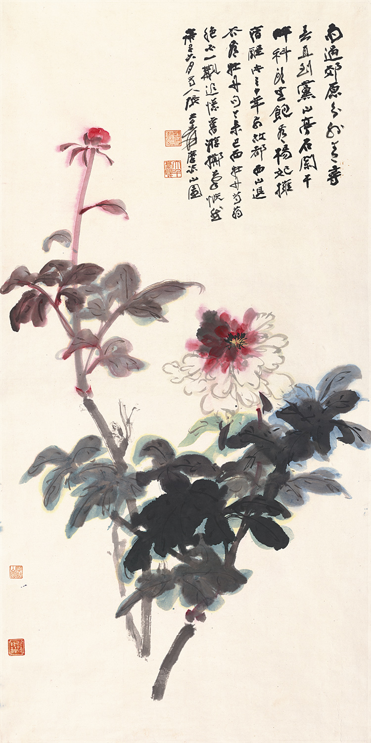 张大千牡丹图国画竖幅花鸟画宣纸微喷复制版画原大高清中式装饰画图片