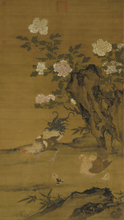 元人畫花下將雛图台北故宫藏国画花鸟绢画复制画客厅仿古装饰画