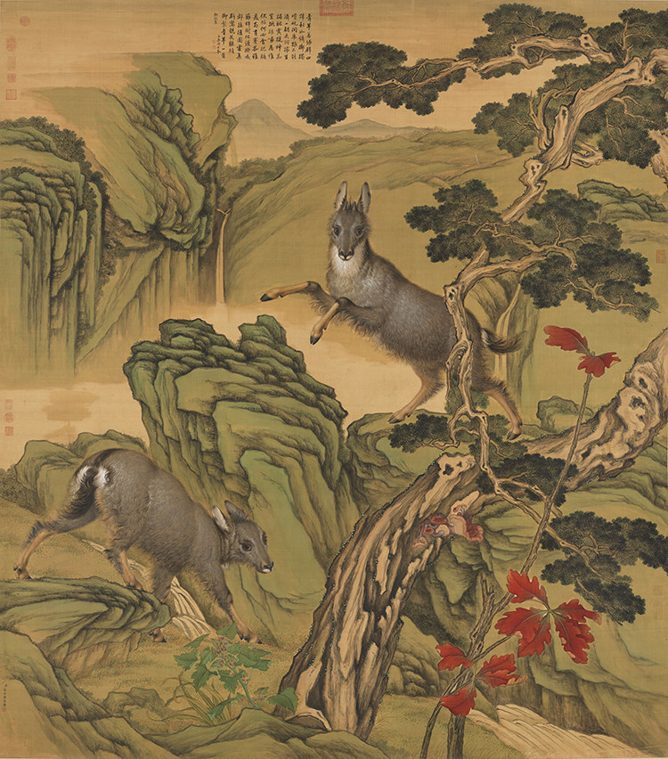 清郎世寧畫青羊图国画真迹复制画绢布画心中式装饰画