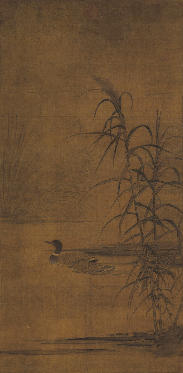 南宋佚名芦汀双鸭图国画花鸟古画复制品字画绢布画心装饰画