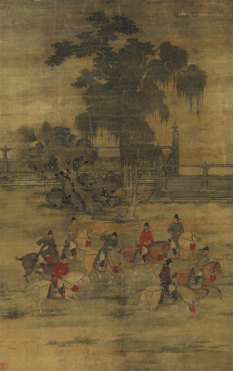 五代十国赵喦八达春游图国画人物立轴艺术微喷复制画绢画古画