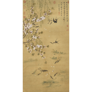 清恽寿平燕喜鱼乐图国画花鸟真迹复制画艺术微喷绢布画客厅装饰画