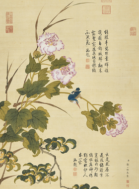 清邹一桂畫芙蓉丹桂图真迹复制画国画工笔花卉高清绢布画心