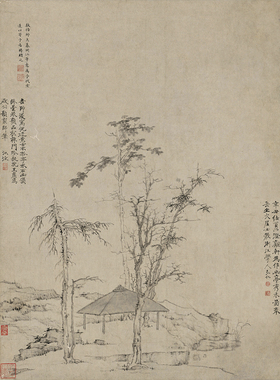 清四僧弘仁幽亭秀木图国画仿古画水墨画艺术微喷复制画