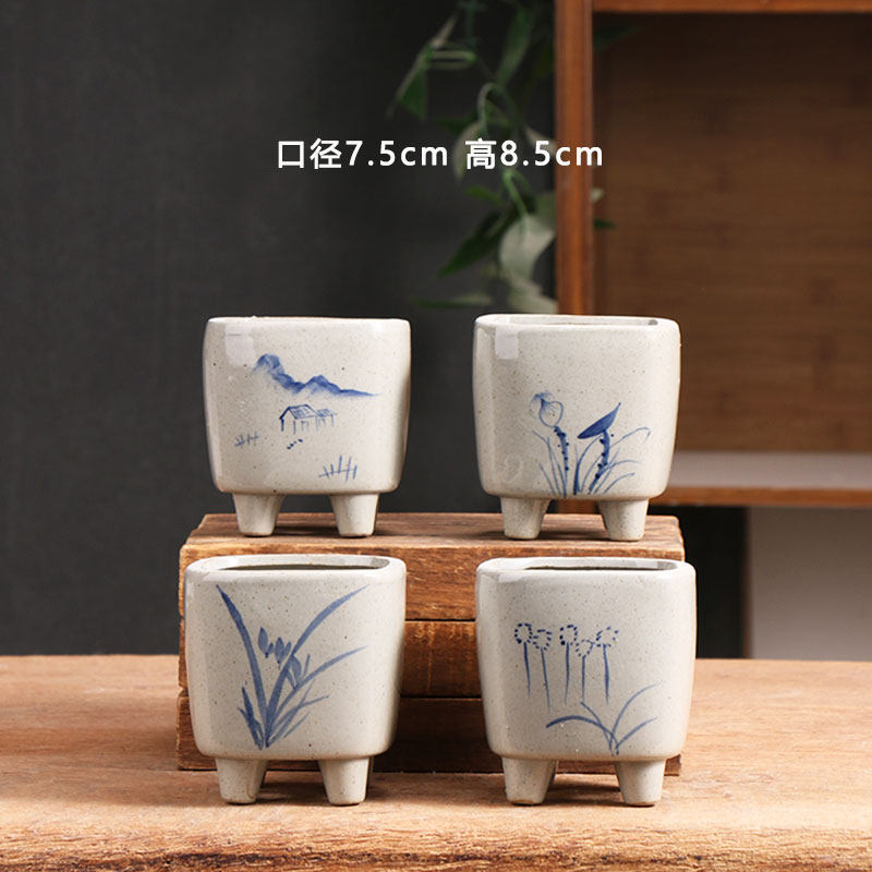 青花四方多肉花盆陶瓷简约家用陶土粗陶花盘小号陶盆清仓捡漏