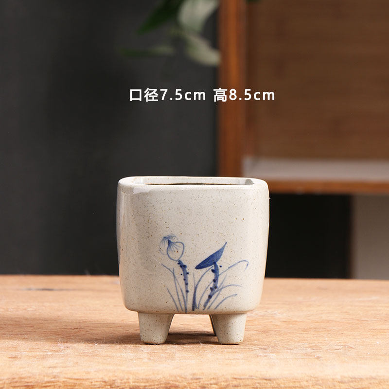 青花四方多肉花盆陶瓷简约家用陶土粗陶花盘小号陶盆清仓捡漏