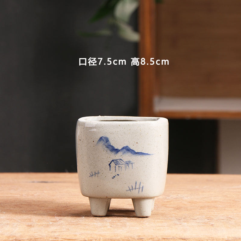 青花四方多肉花盆陶瓷简约家用陶土粗陶花盘小号陶盆清仓捡漏