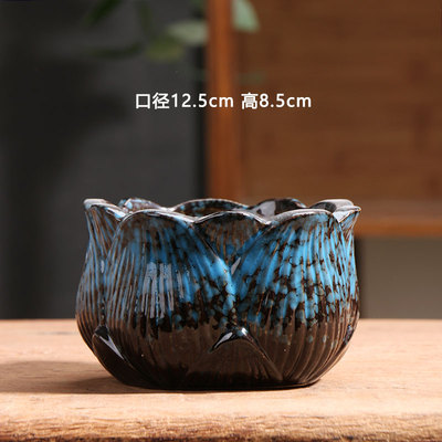 中号蓝色莲花多肉花盆陶瓷特价简约家用阳台陶土粗陶花盘陶盆清仓